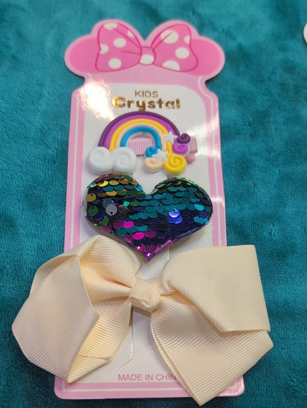 Kids Crystal Rainbow Sequin Heart & Cream Bow Hair Clips